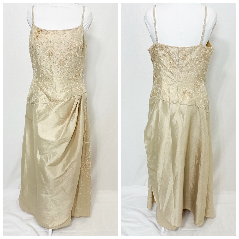 Stunning gold beaded evening gown with elegant draping